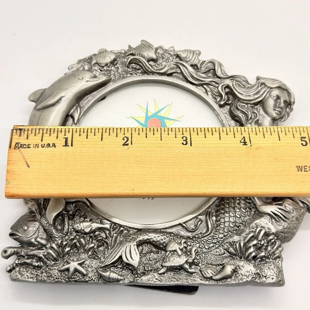 Vintage Cast Pewter Mermaid Dolphin Ocean Picture Frame 3x3 Coastal Beach Decor